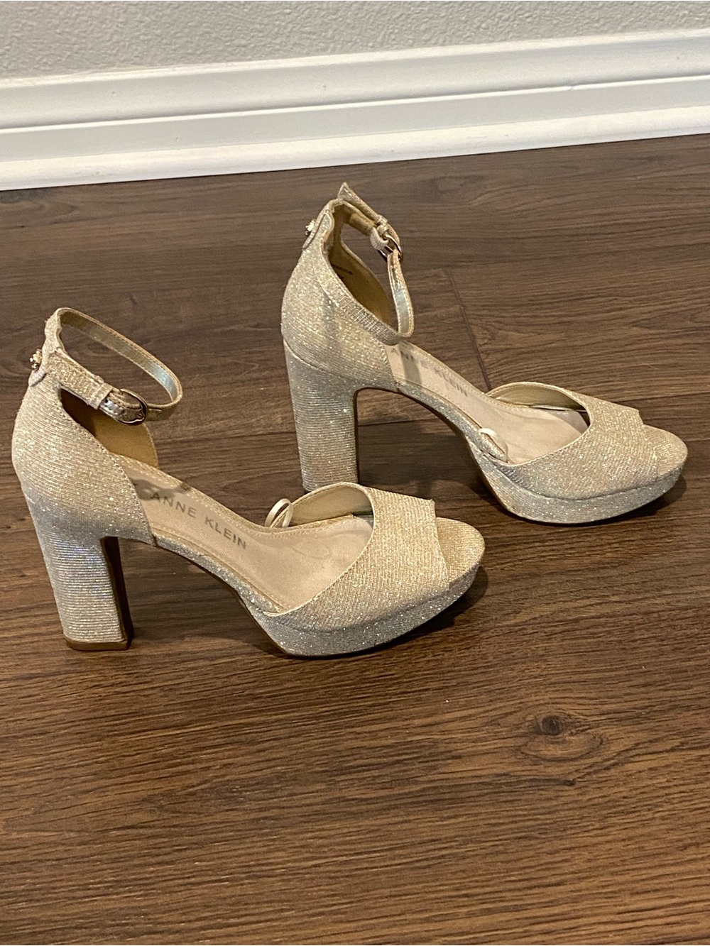 Anne Klein Champagne Glitter Platform Block Heels with Ankle Strap